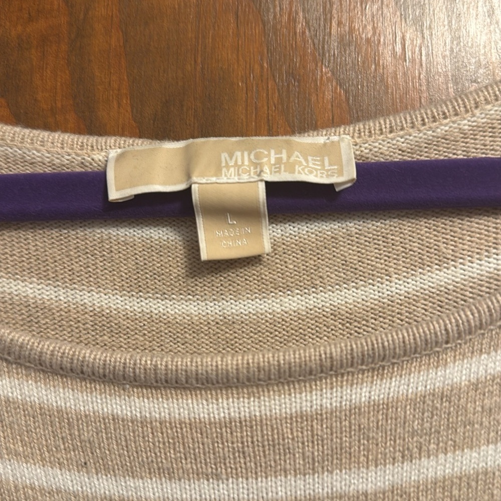 Michael Kors Women’s Tan White Stripe Pullover Sweater Ties On The Side - Picture 7 of 12